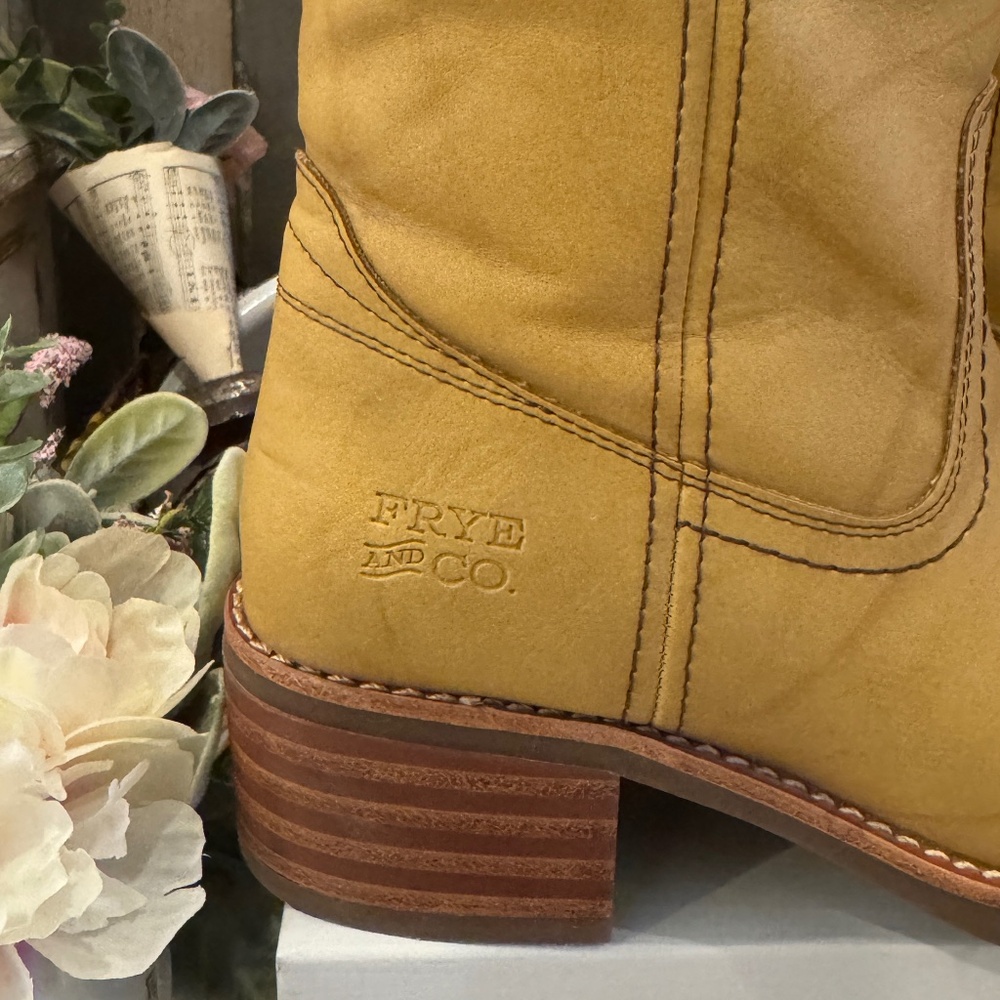 FRYE & CO MIRANDA 14 VEGAN ANTIQUED LEATHER CAMPUS BANANA KNEE HIGH TALL BOOT - Picture 8 of 16